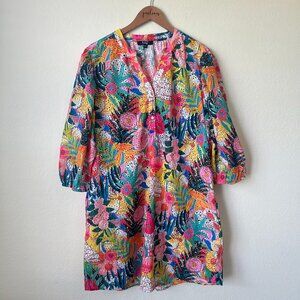 Lior Paris Dress Womens XL Rainbow Tropical Floral Art Print Eyelet Embroidered